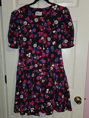 Melissa Black Floral Button-Front Dress with Pink & Purple Flowers
